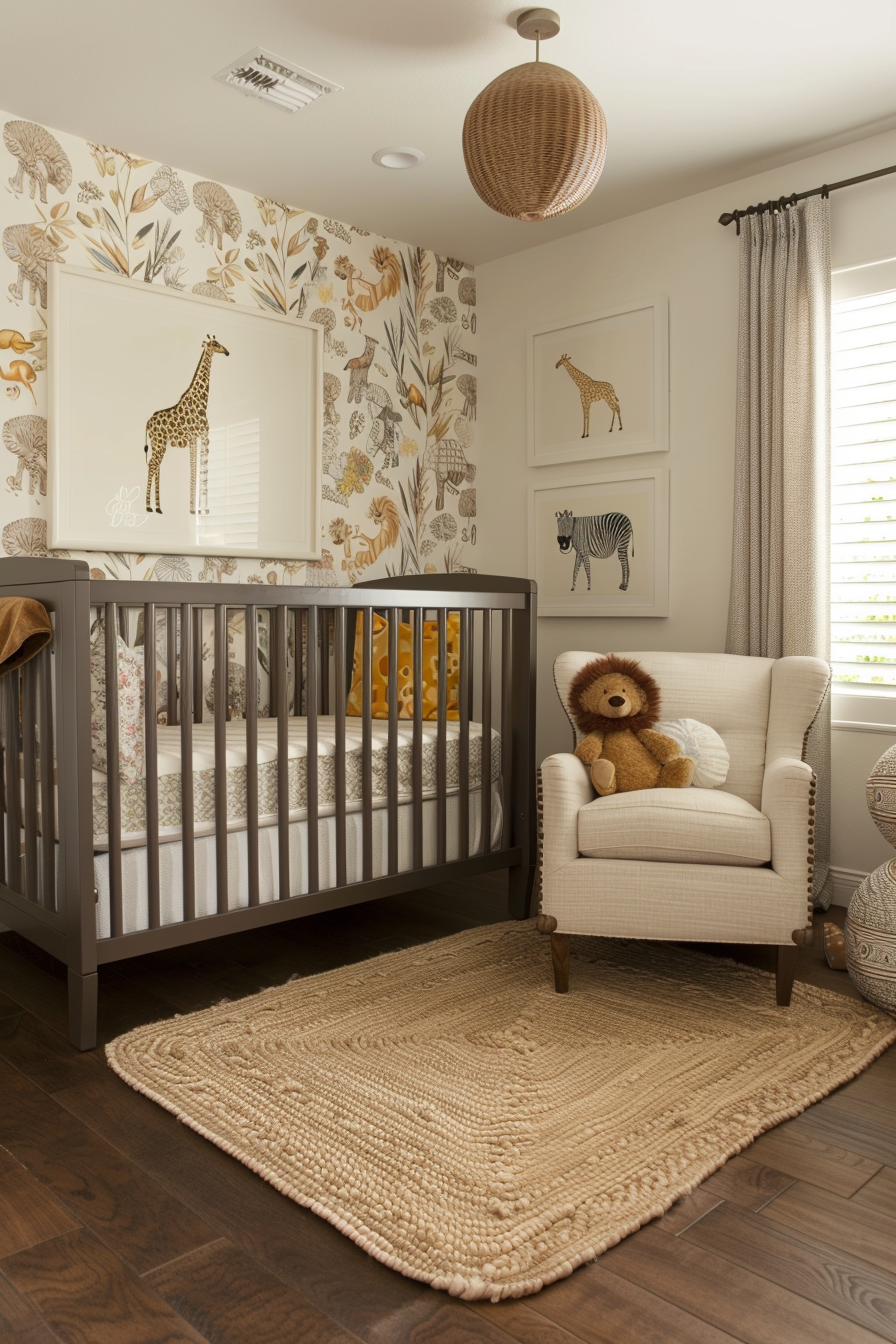 Animal-themed nursery with safari animal wallpaper and toys