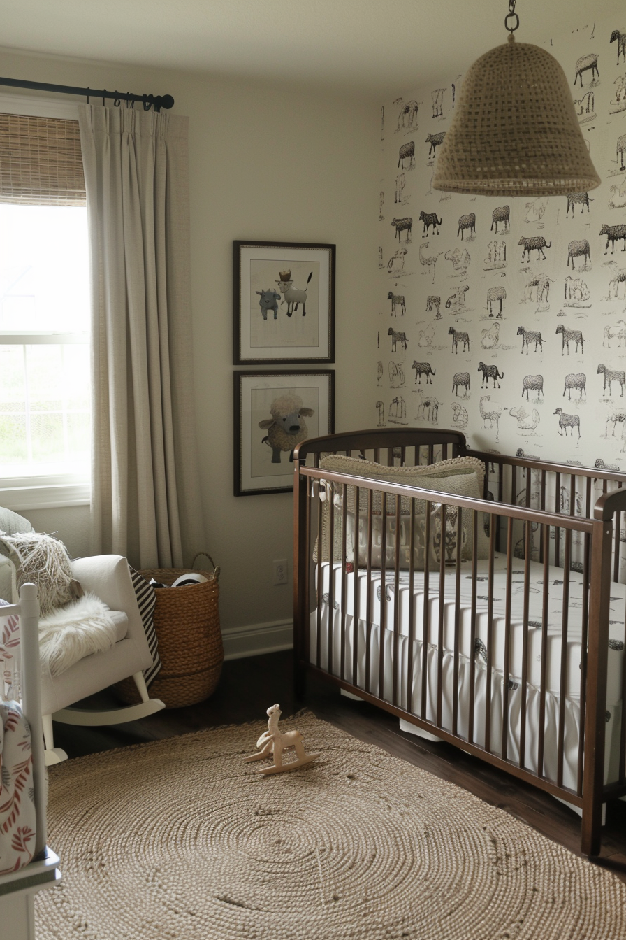 Animal-themed nursery with safari animal wallpaper and toys