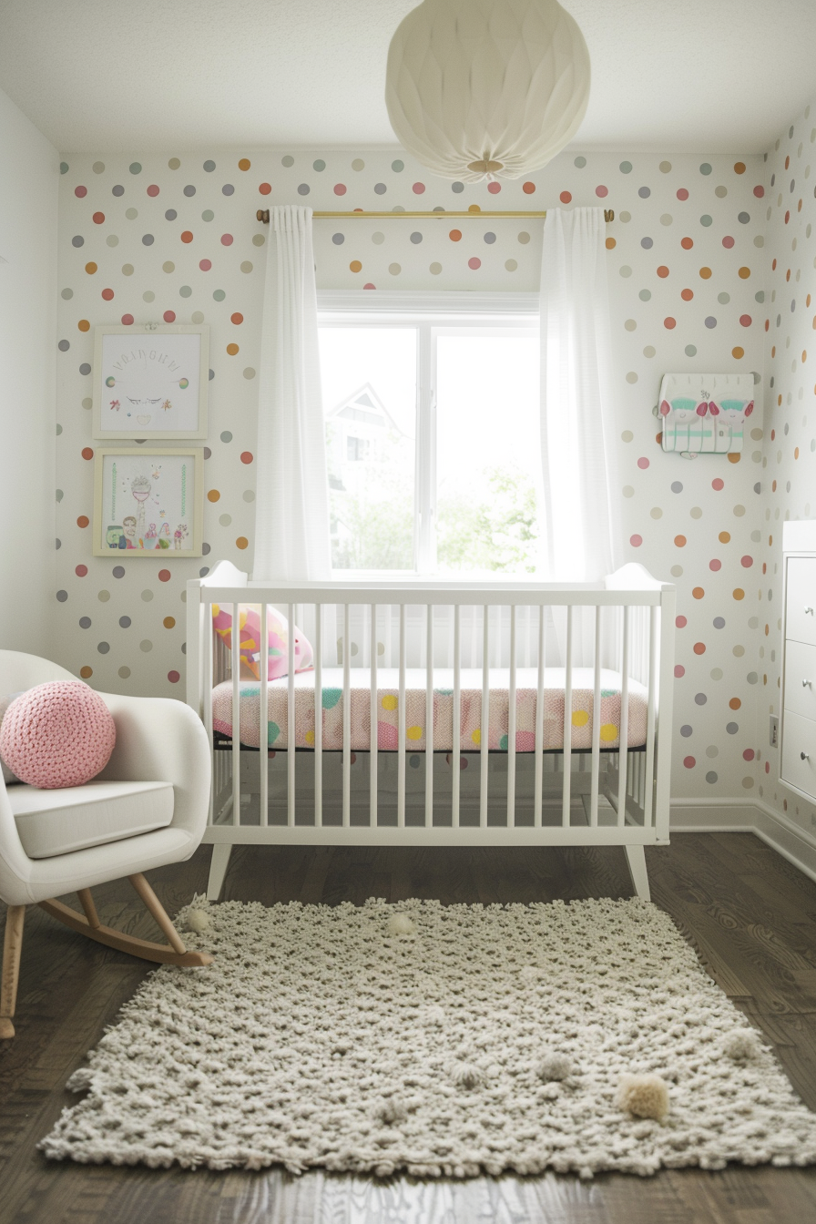 Nursery with colorful polka dot wallpaper and decor
