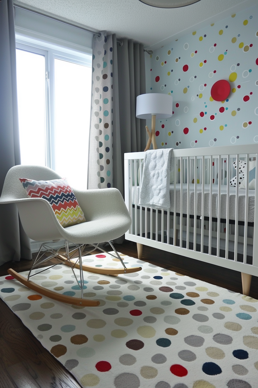Nursery with colorful polka dot wallpaper and decor