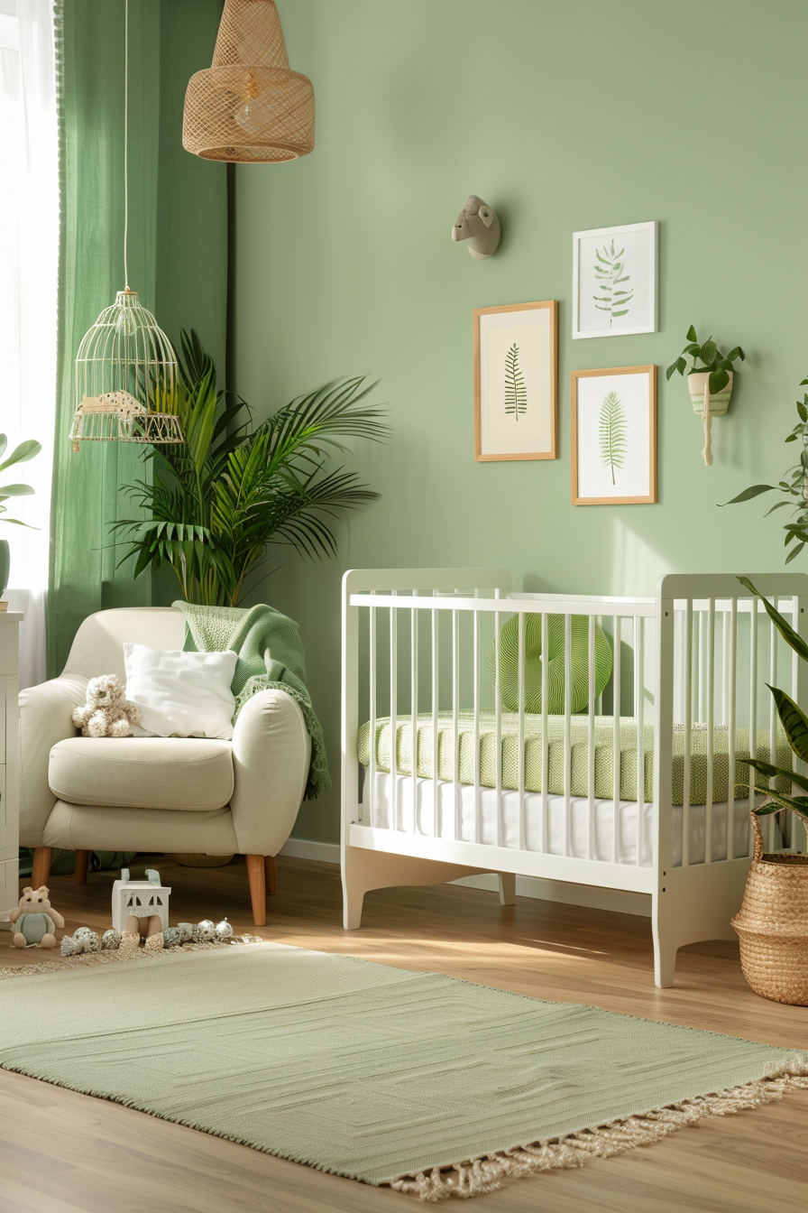 Green-themed nursery with various shades of green and natural elements