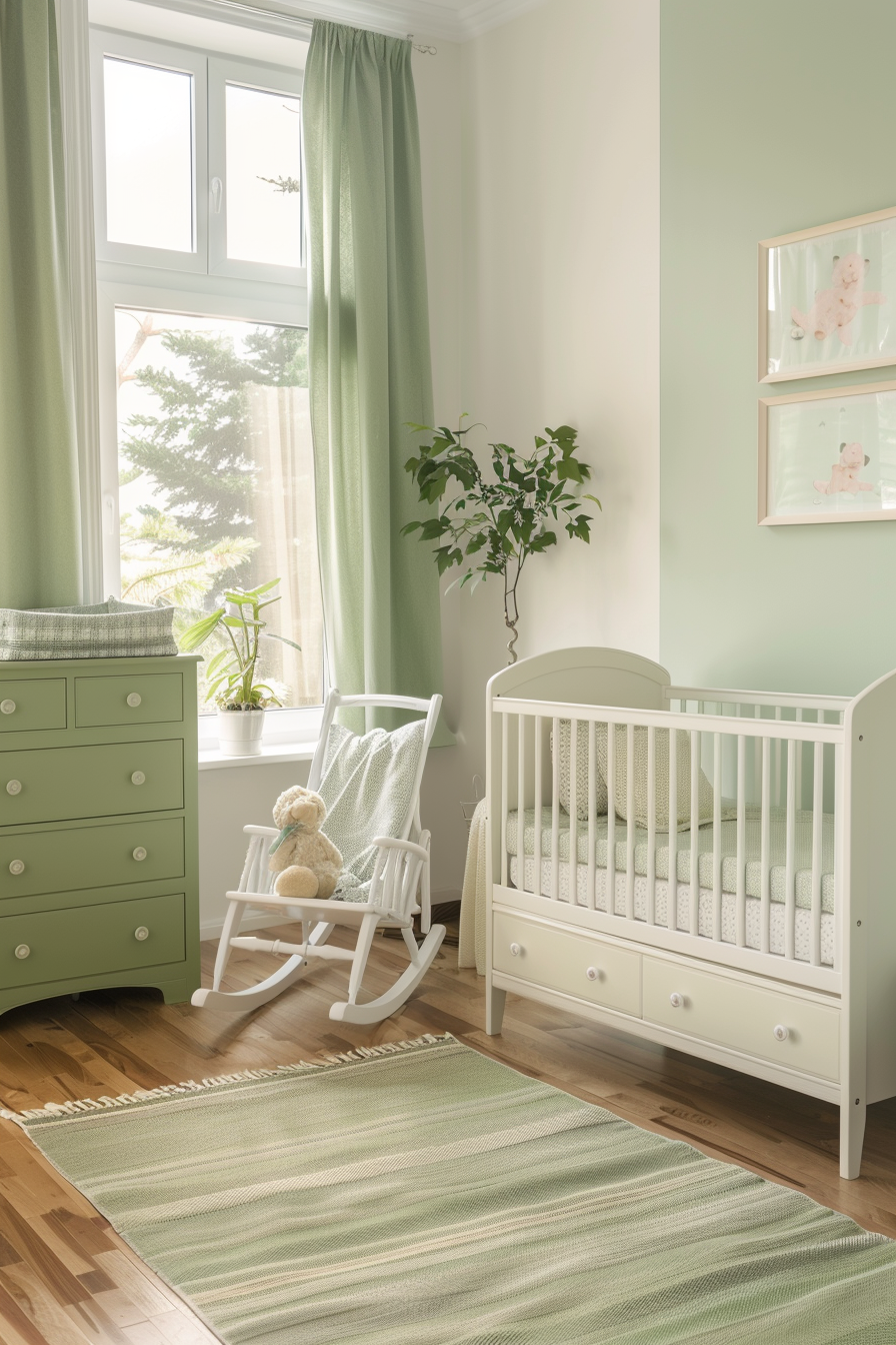 Green-themed nursery with various shades of green and natural elements