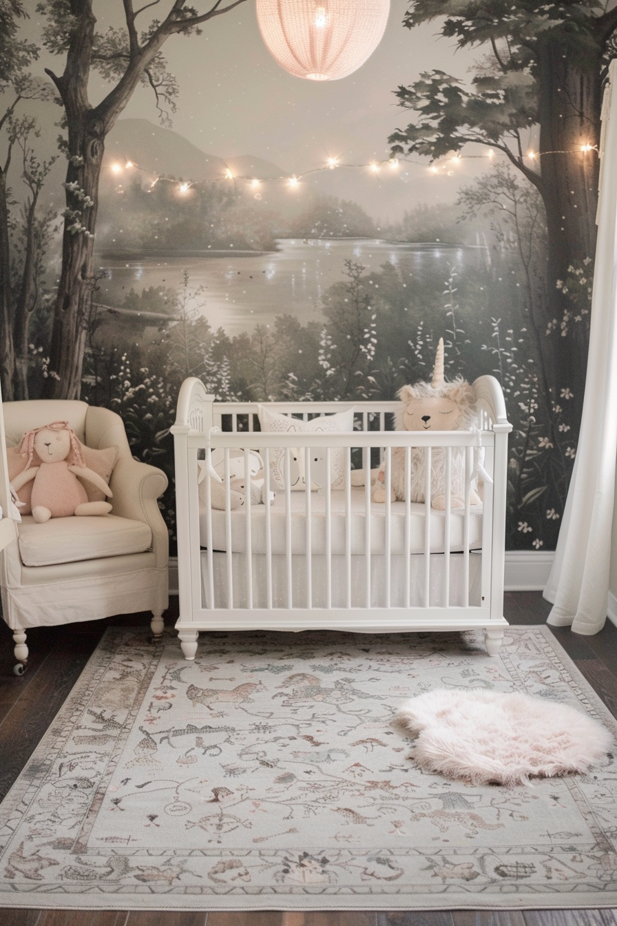 Fairy tale-themed nursery with enchanted forest murals and fairy lights