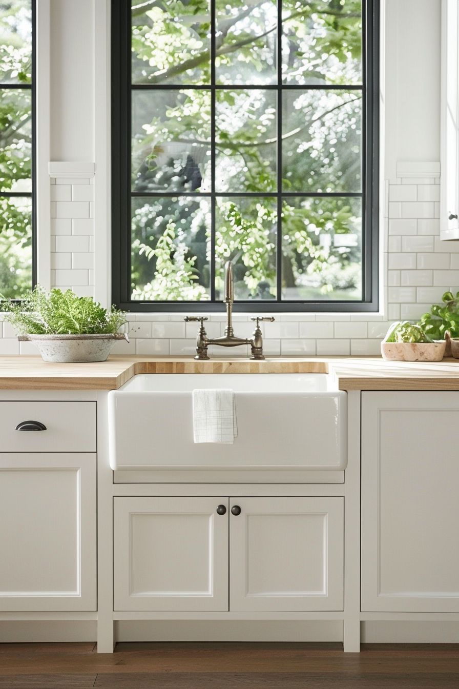 Classic white subway tile backsplash with maple butcher block countertops