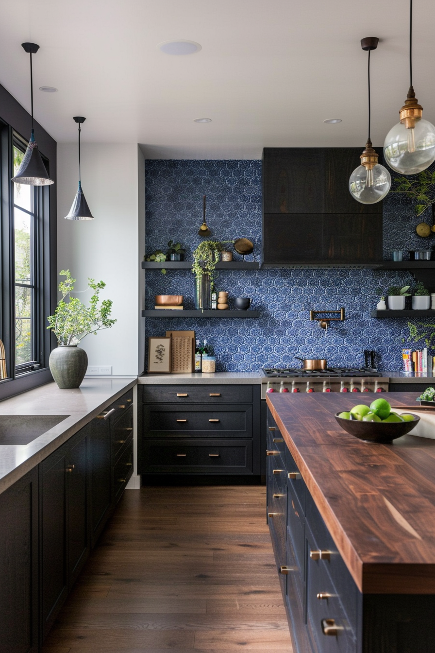 Blue hexagonal tile backsplash with mahogany butcher block countertops