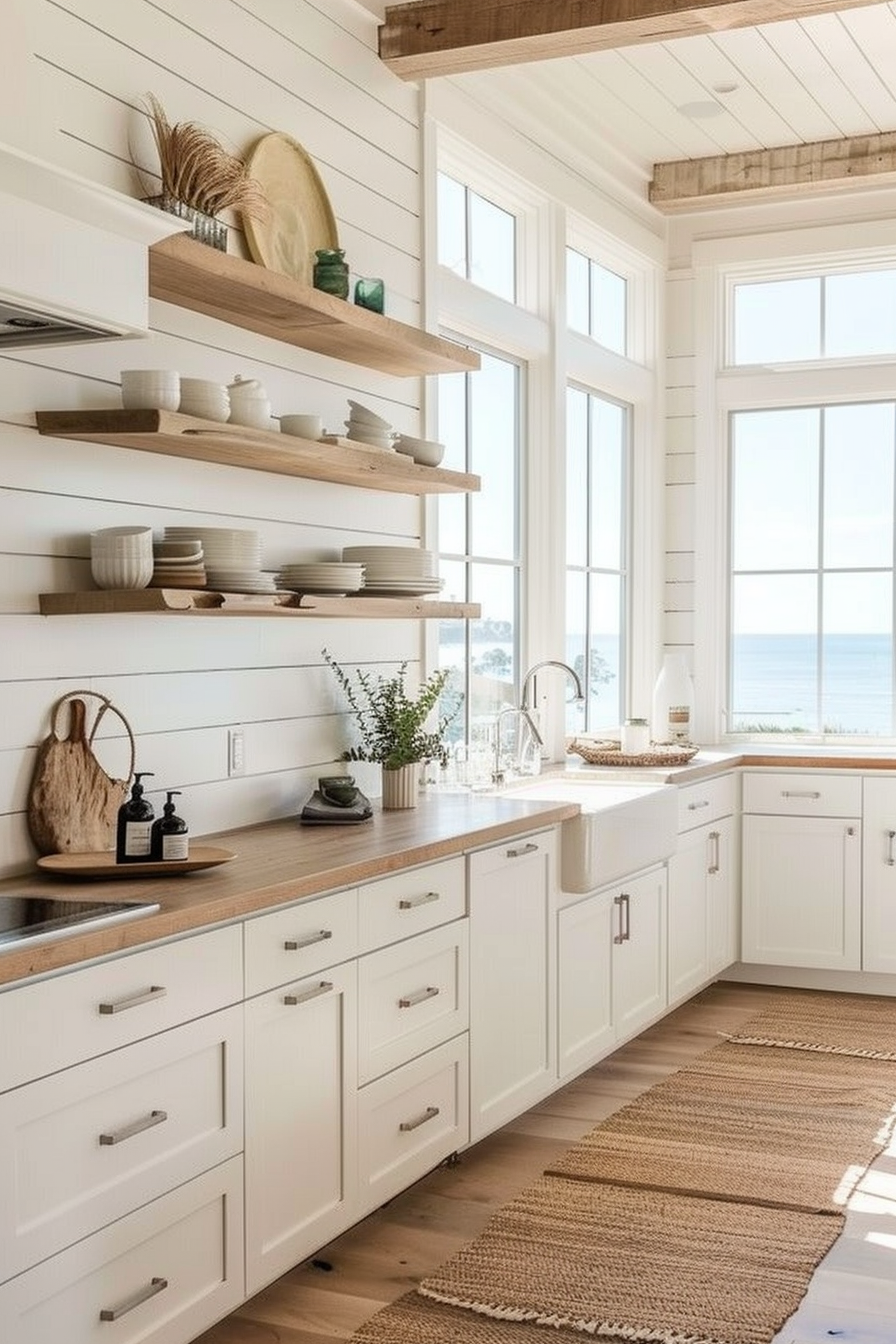 White shiplap backsplash with bamboo butcher block countertops