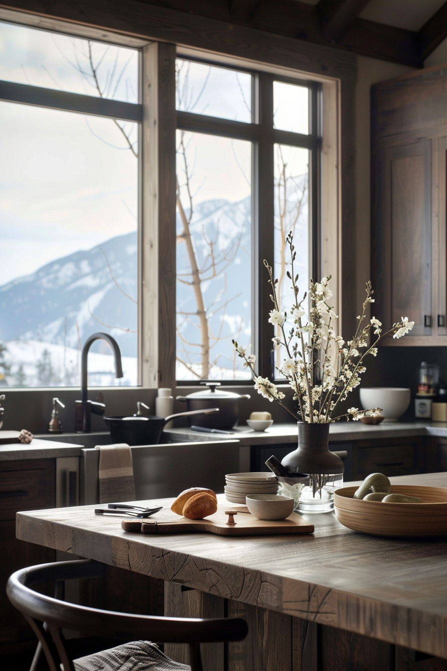 Slate tile backsplash with hickory butcher block countertops