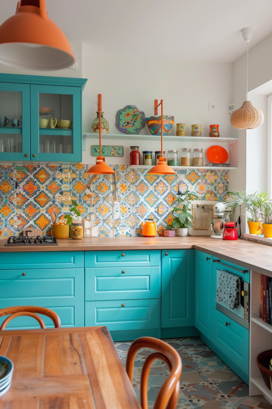 Bold patterned tile backsplash with acacia butcher block countertops