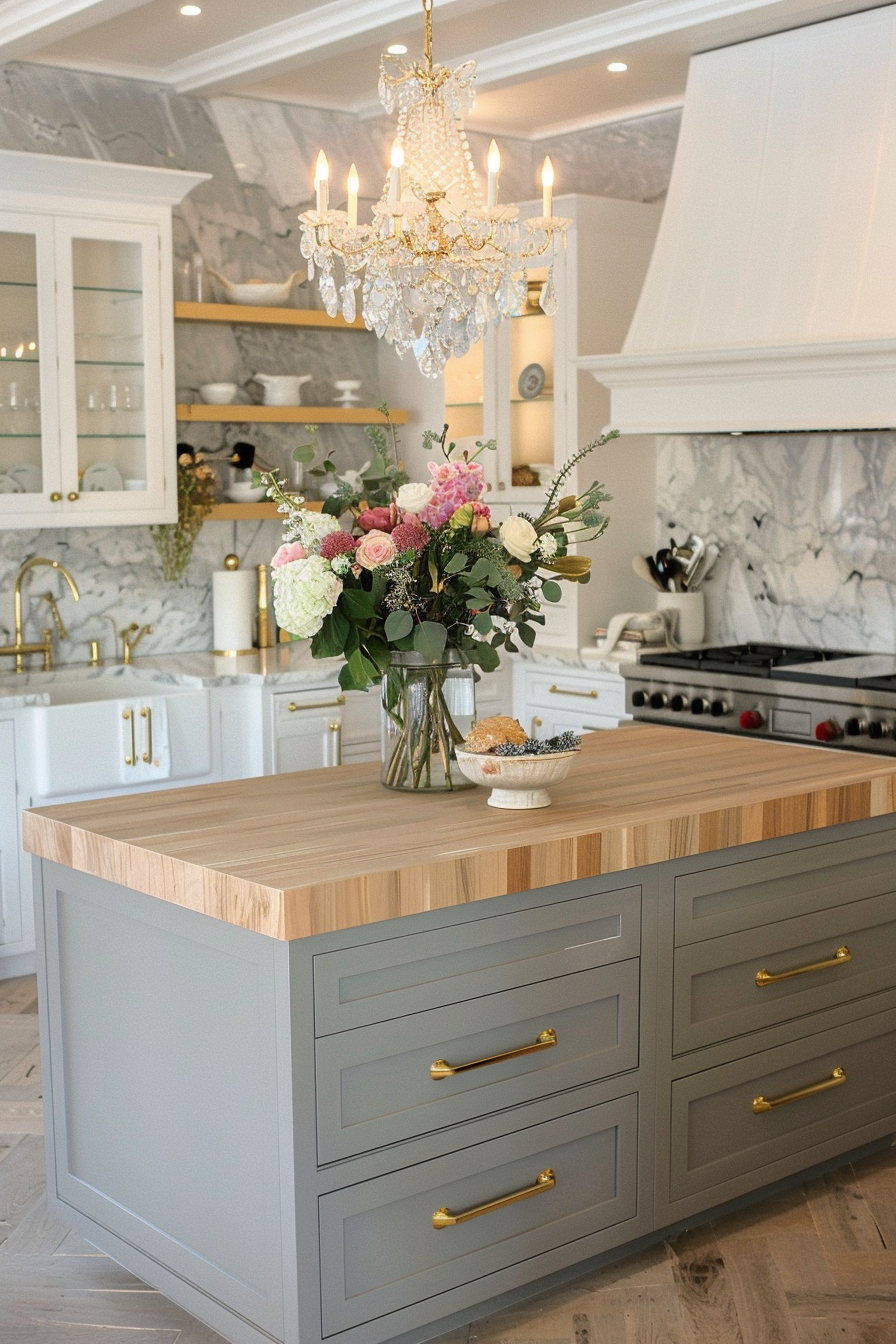 White Carrara marble backsplash with birch butcher block countertops