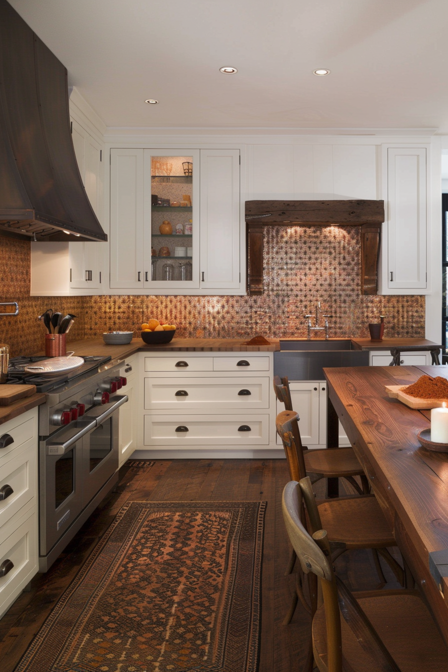Copper tile backsplash with dark walnut butcher block countertops