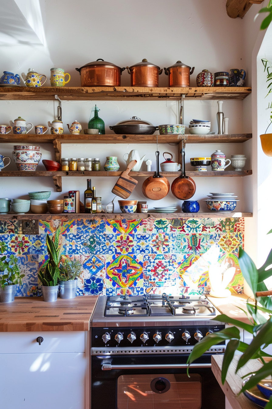 Vibrant Moroccan tile backsplash with walnut butcher block countertops