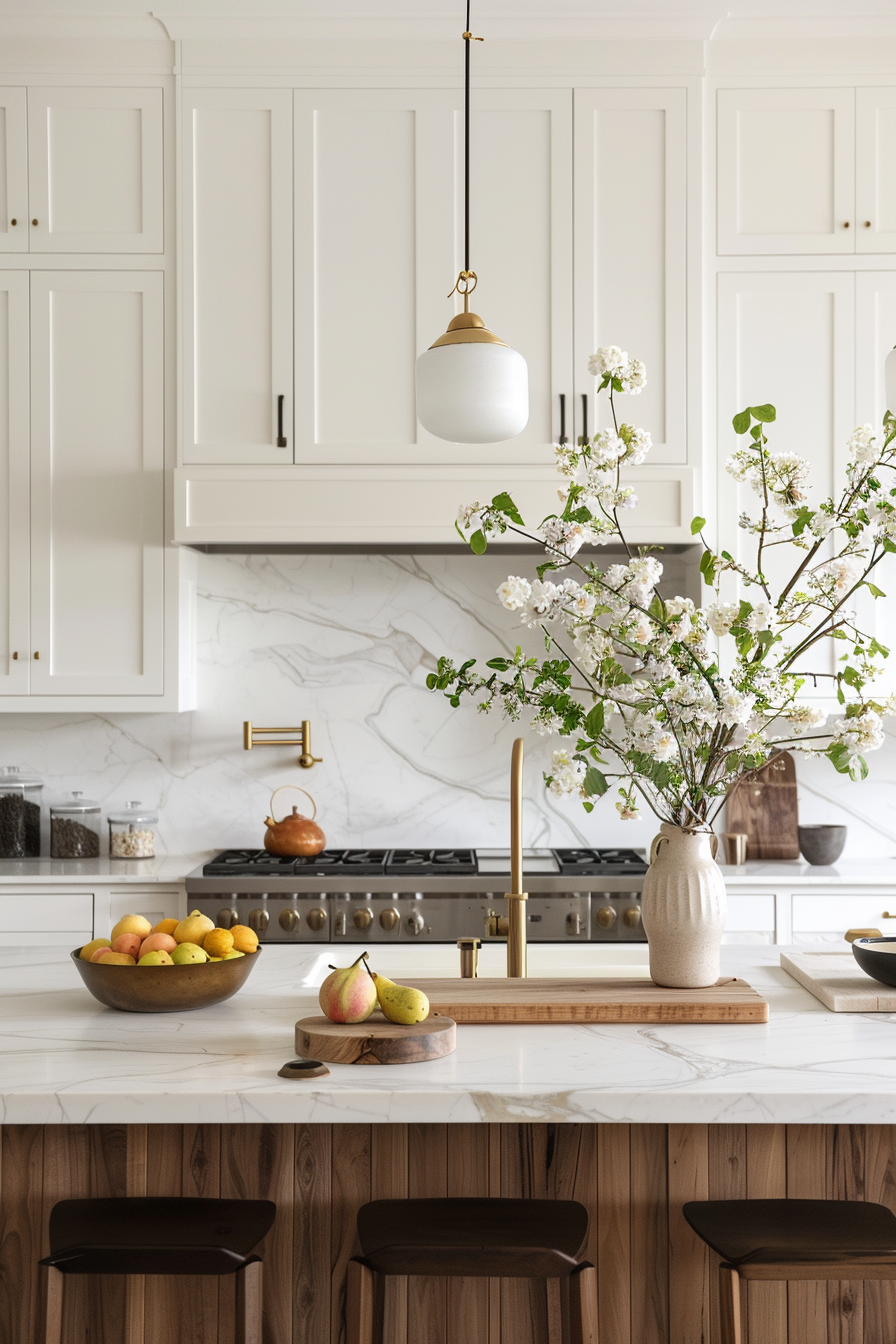 Marble backsplash with oak butcher block countertops