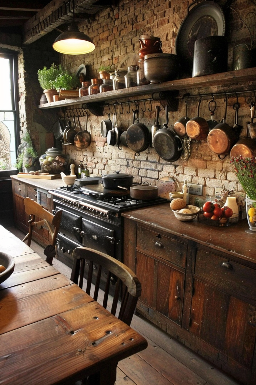 Rustic brick backsplash with cherry butcher block countertops