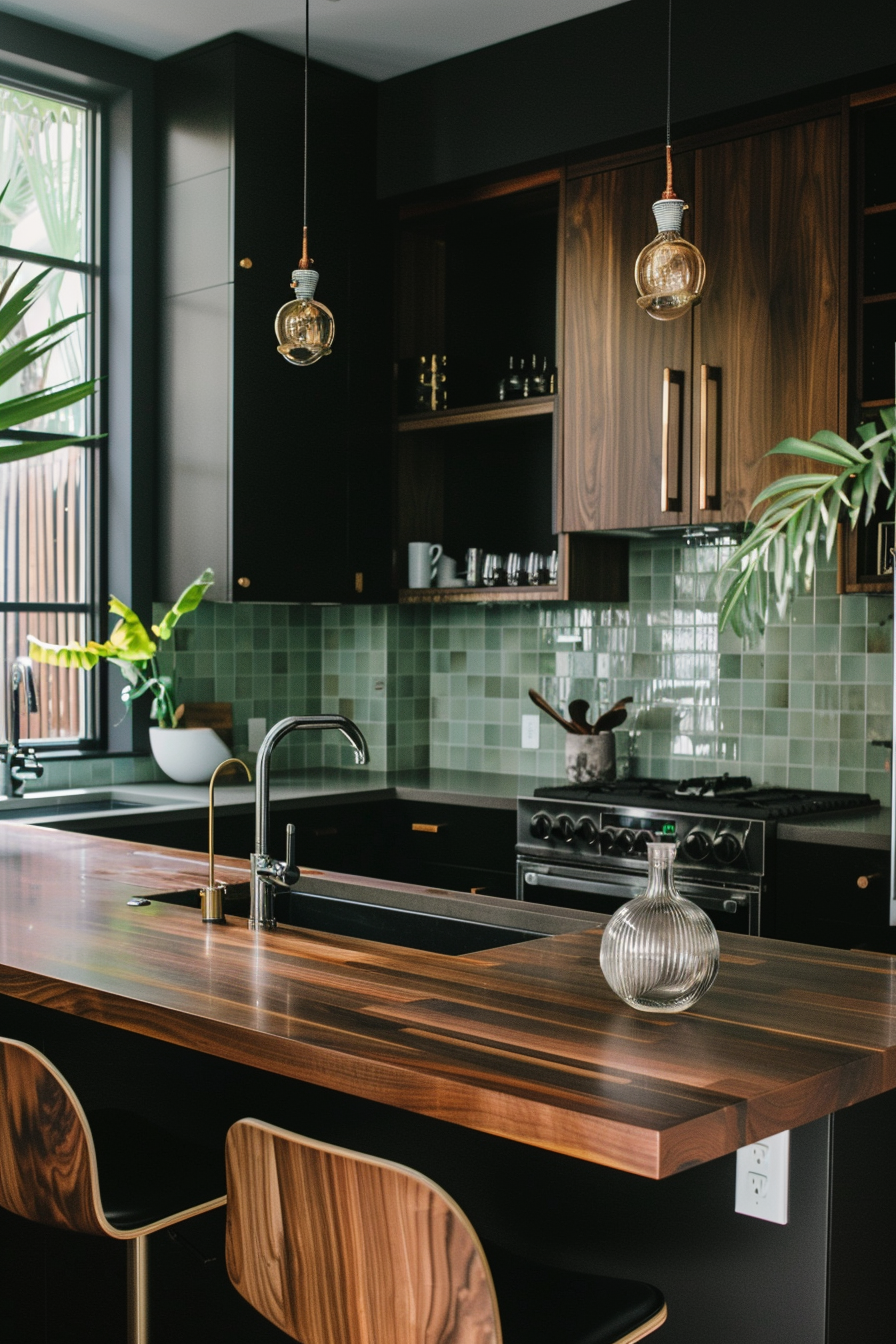 Sleek glass tile backsplash with dark birch butcher block countertops