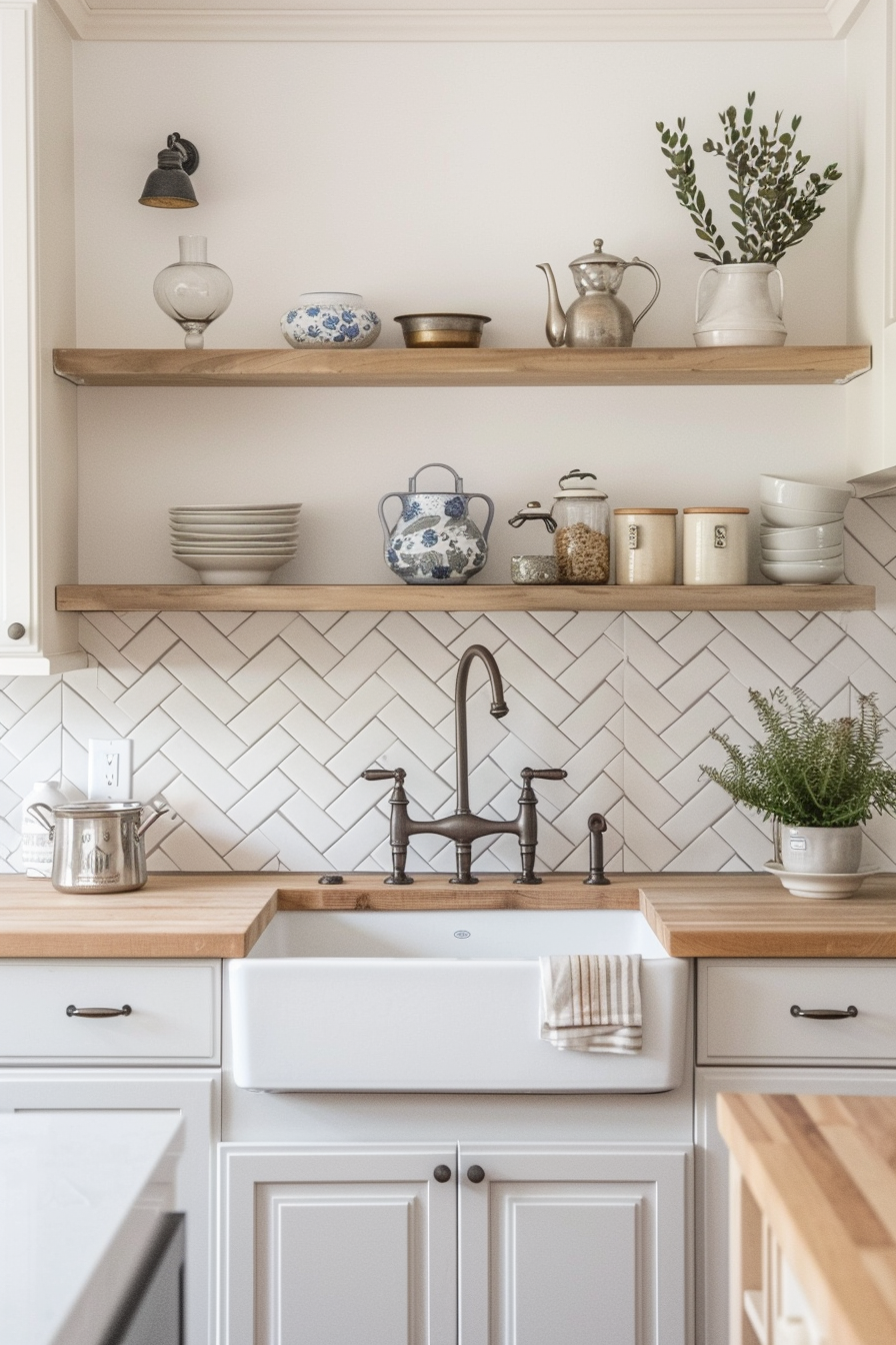 Chevron pattern backsplash with beech butcher block countertops