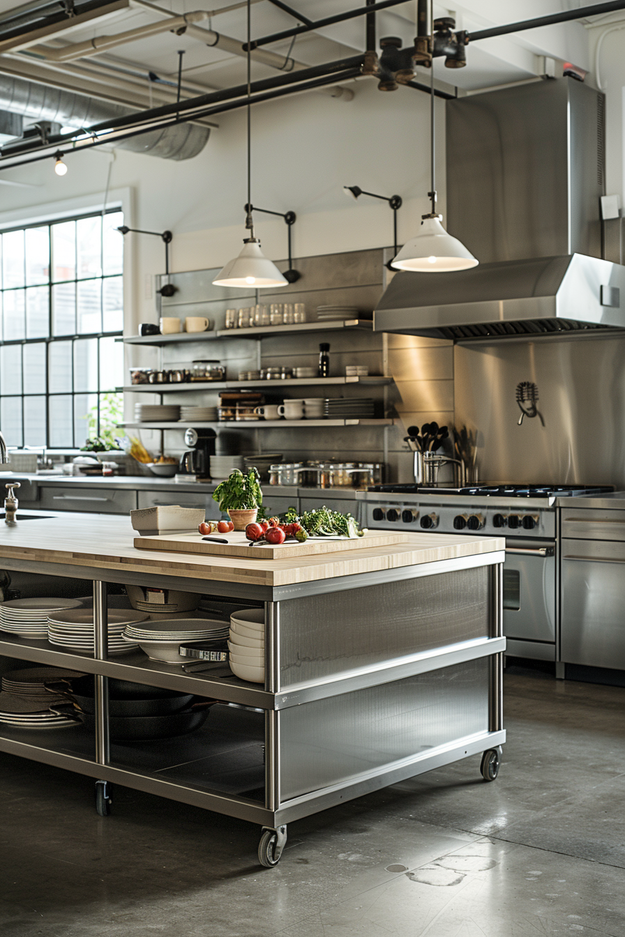 Stainless steel backsplash with ash butcher block countertops