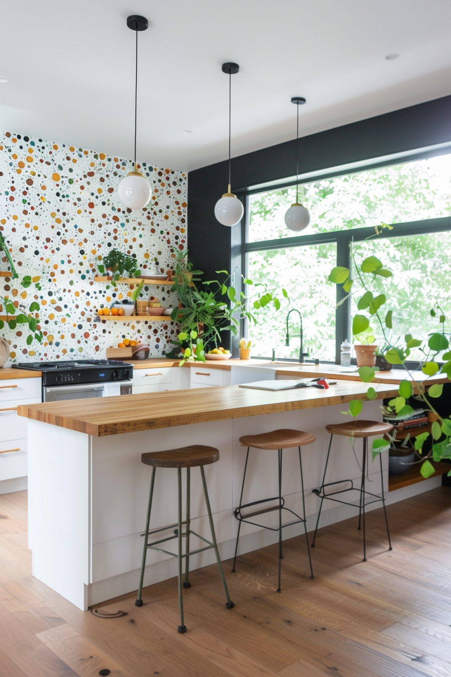Terrazzo tile backsplash with teak butcher block countertops