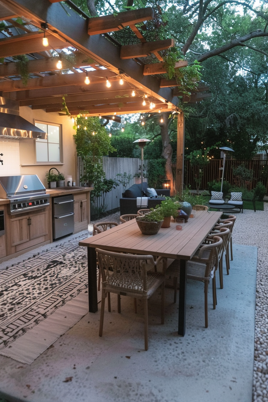 Dining area with string lights next to an outdoor kitchen