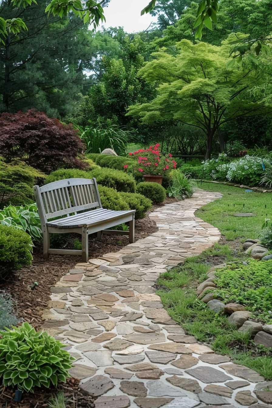 Stone paver pathway through a backyard garden