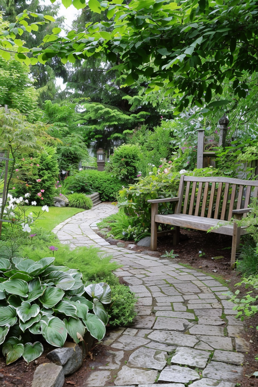 Curved stone paver path with plants along the edges