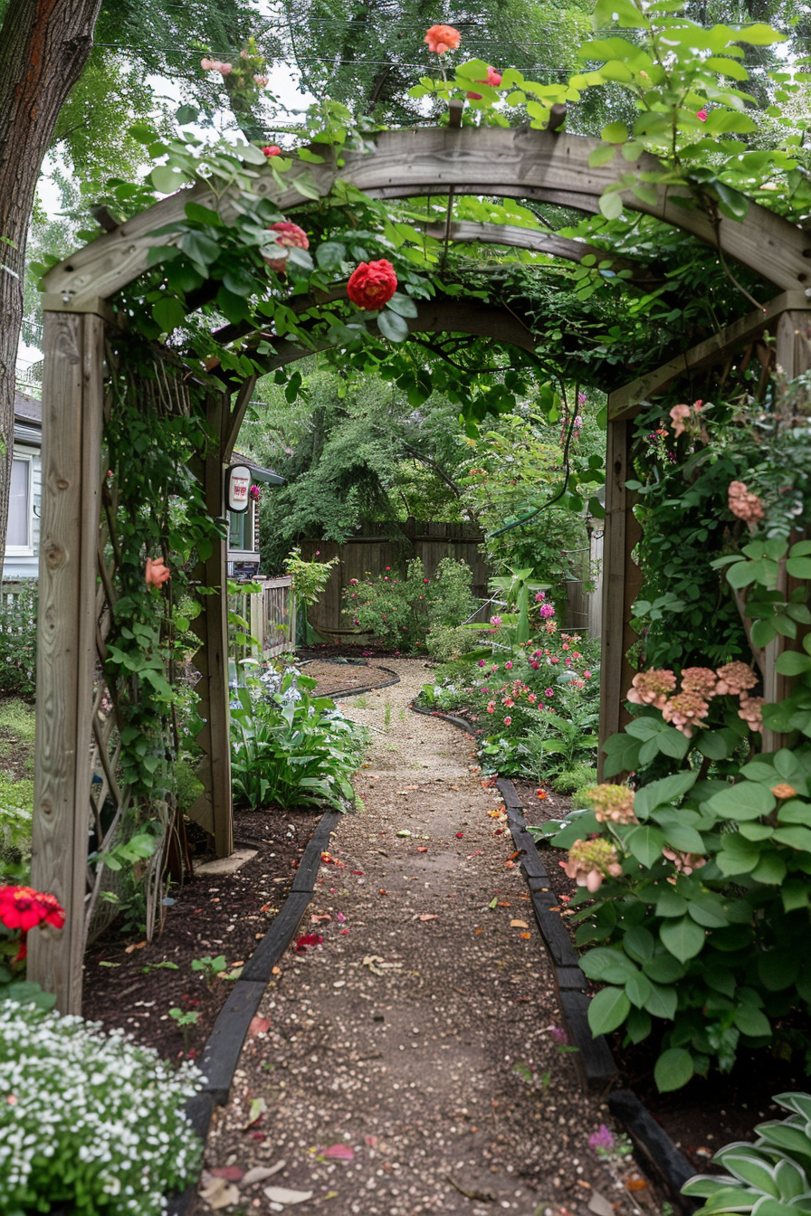 Wooden garden arch with climbing plants