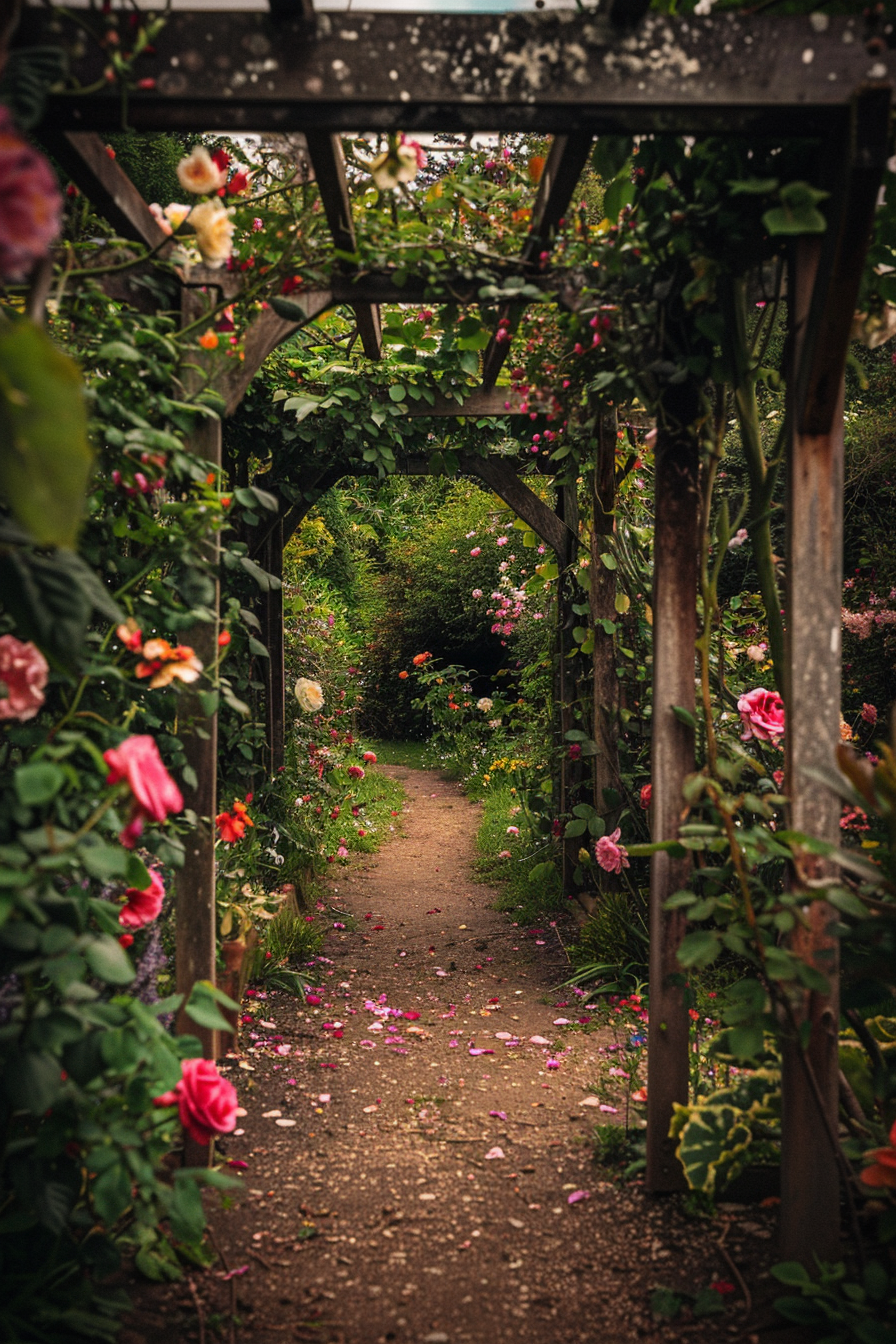Colorful climbing plants covering a trellis