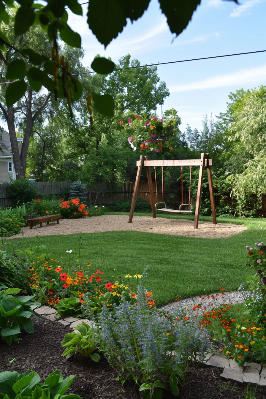 Kids' play area with swing set and playhouse