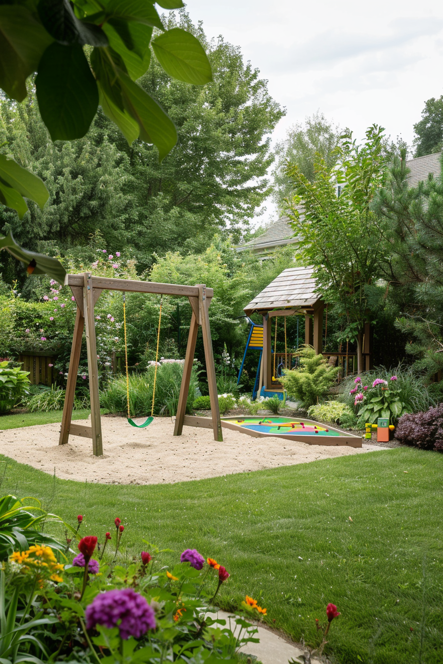 Whimsical playhouse and colorful elements in a kids' play area