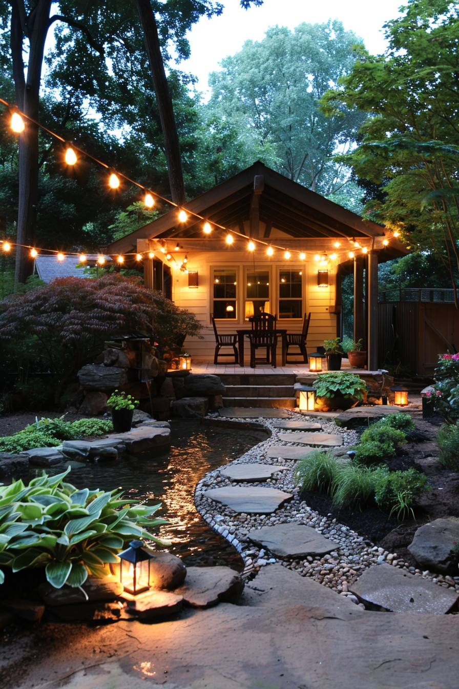 Outdoor lighting illuminating a backyard seating area