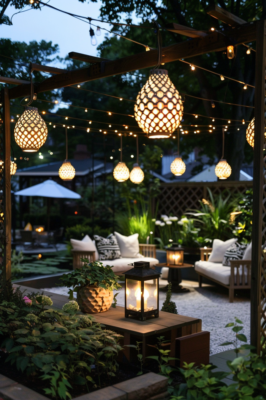 String lights and lanterns creating a cozy evening atmosphere in a backyard