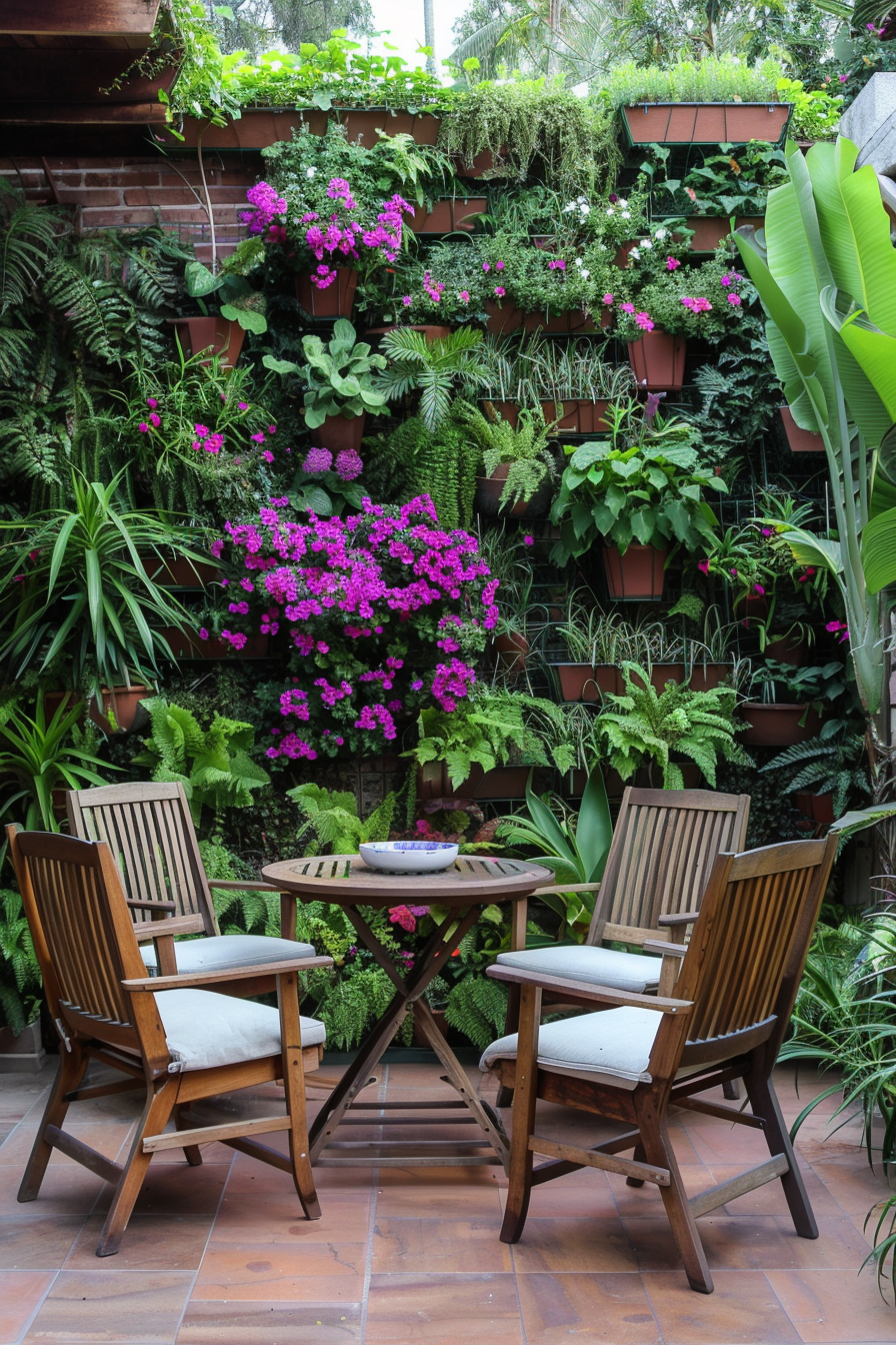 Lush green walls with various plants in vertical gardening