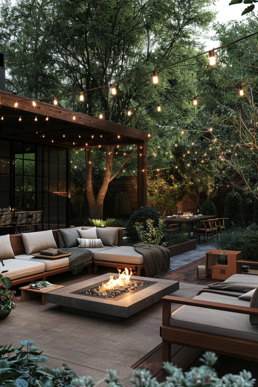 Magical ambiance with string lights in a cozy backyard corner