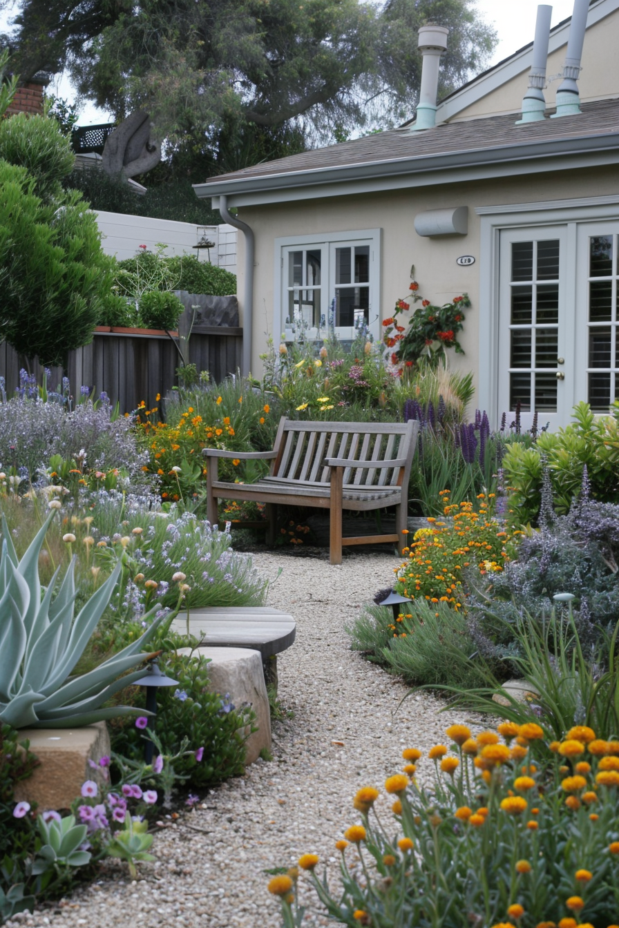 Low-maintenance plants in a simple backyard garden