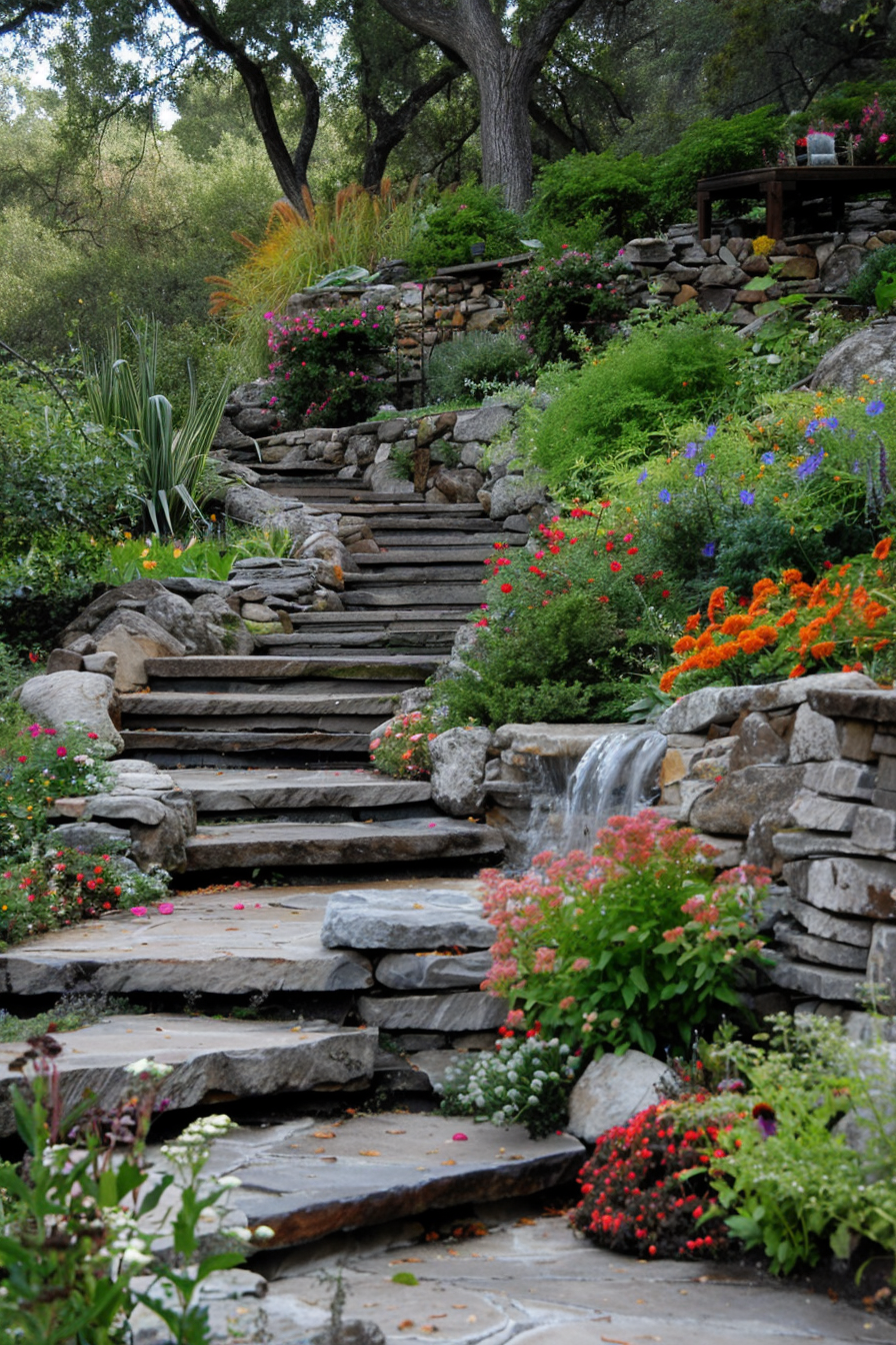 Stone retaining walls and plants in a terraced garden
