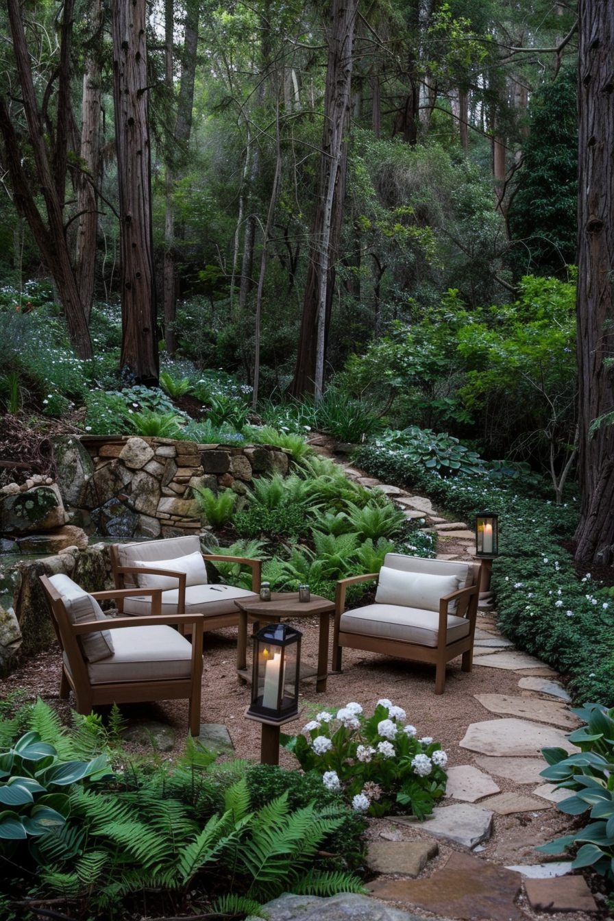 Winding stone path and rustic seating in a wooded backyard