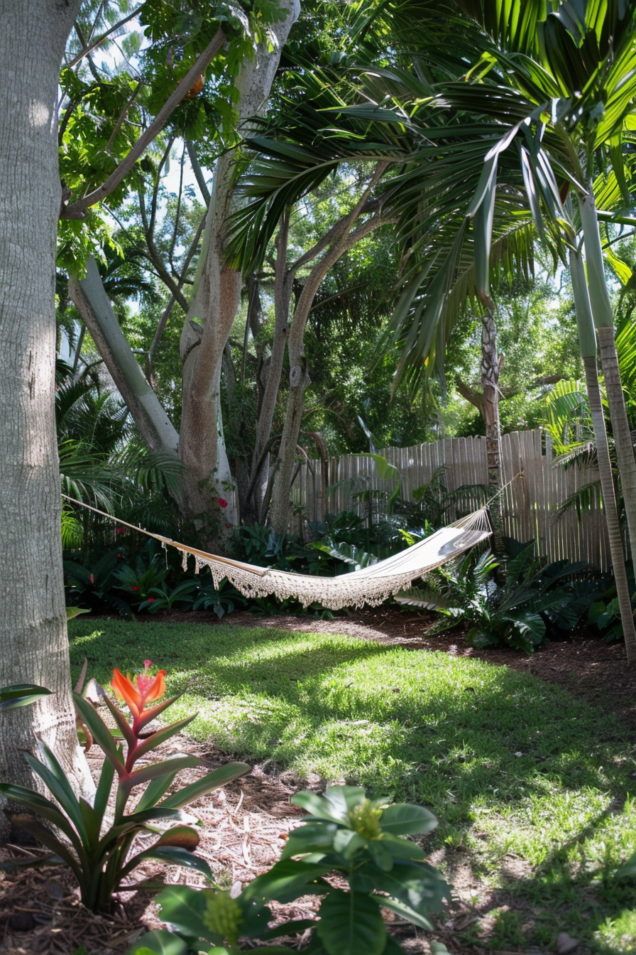 Hammock and bamboo elements in a tropical backyard