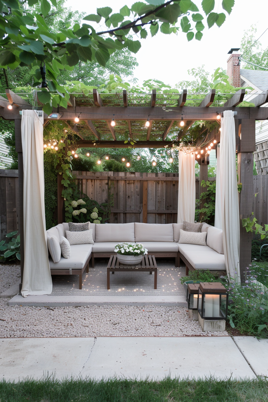 Cozy seating area under a pergola with string lights
