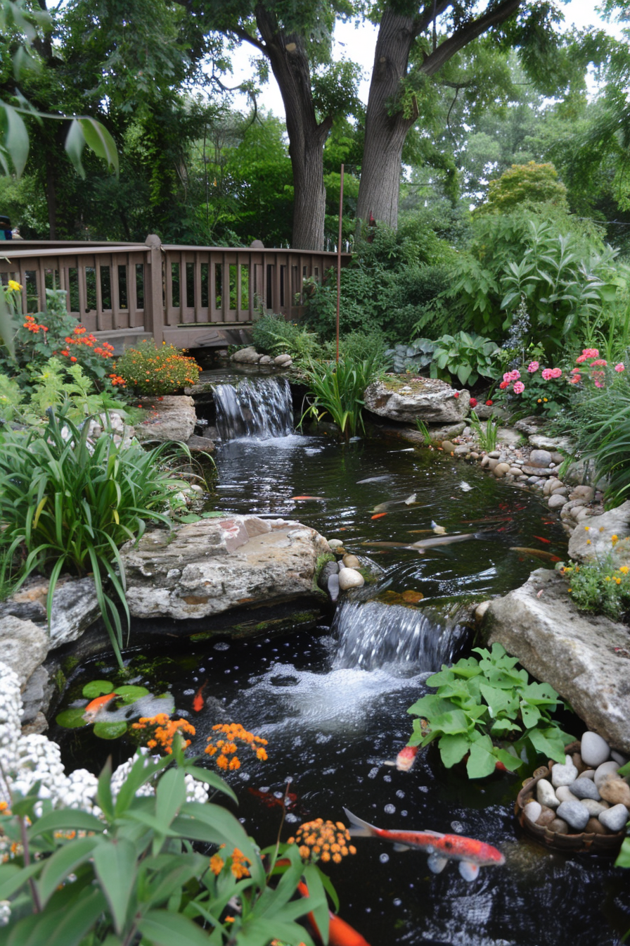 Pond with waterfall in a backyard garden