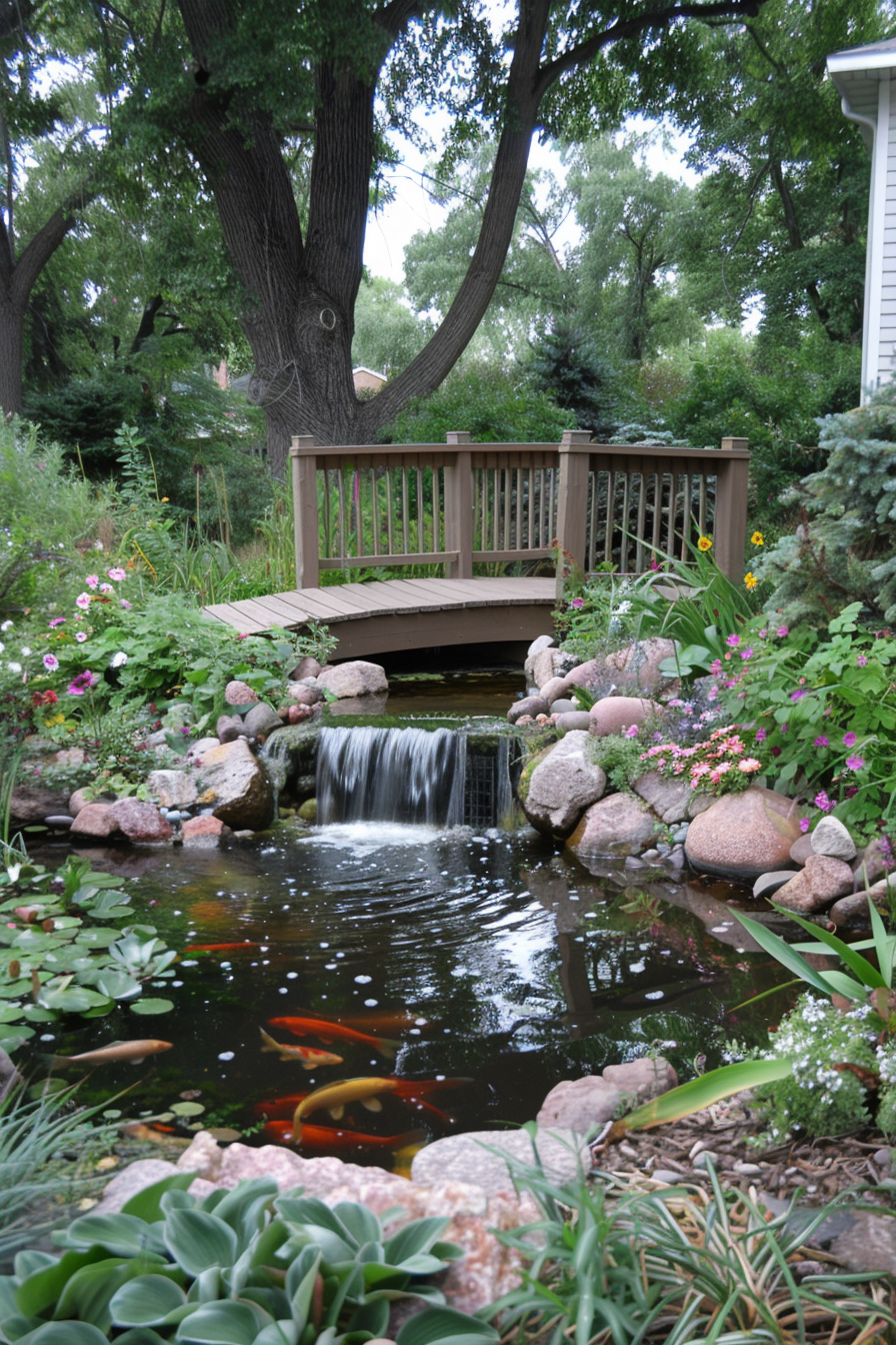 Waterfall surrounded by lush plants and rocks in a backyard