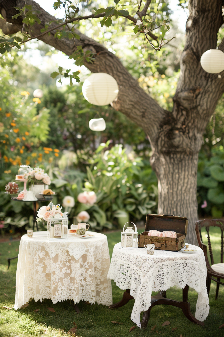 Elegant vintage table settings with lace and china