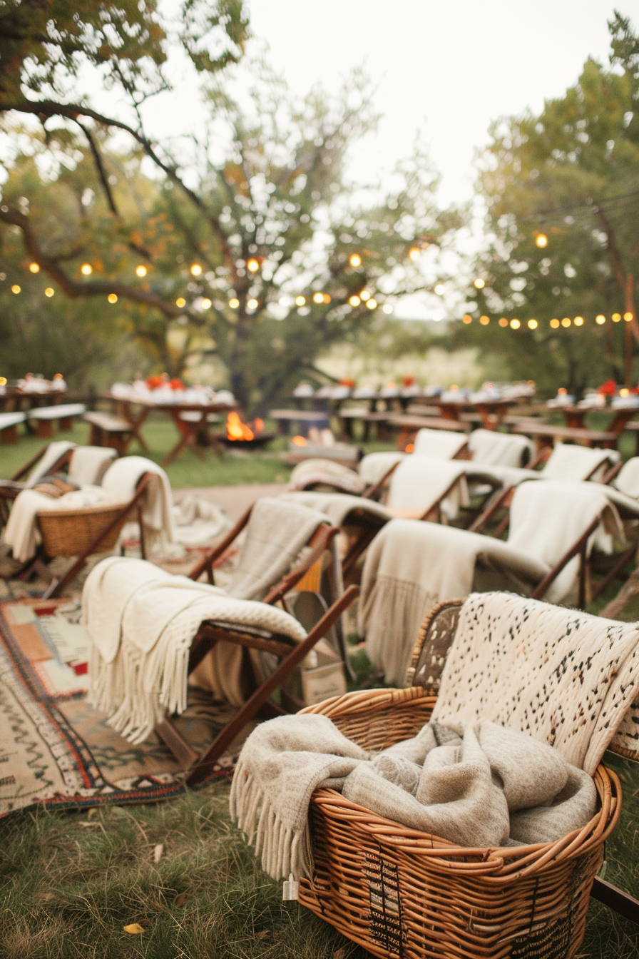 Cozy blankets and throws for guests at an outdoor wedding