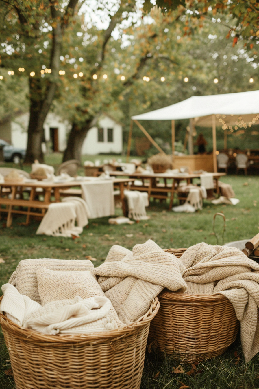 Baskets of warm blankets at a cozy backyard wedding