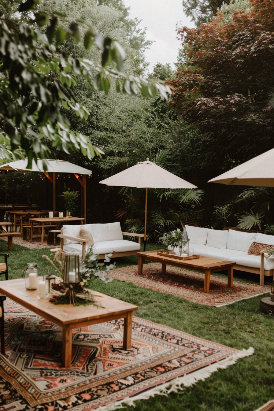 Canopy setup and umbrellas for a backyard wedding