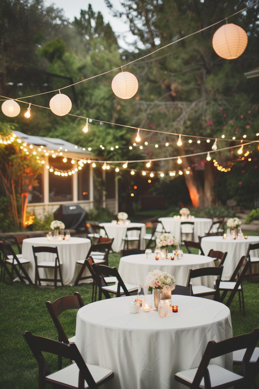 String lights creating magical ambiance at a backyard wedding