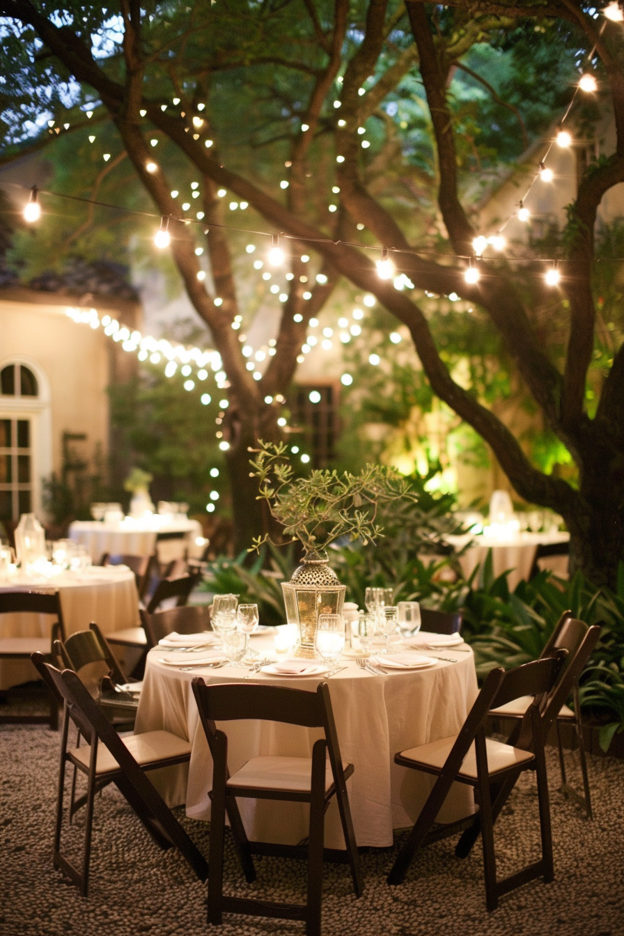 Backyard wedding illuminated with twinkling string lights