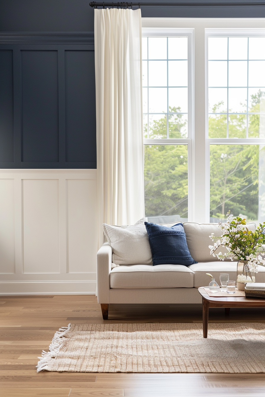 Two-tone board and batten walls in a living room.