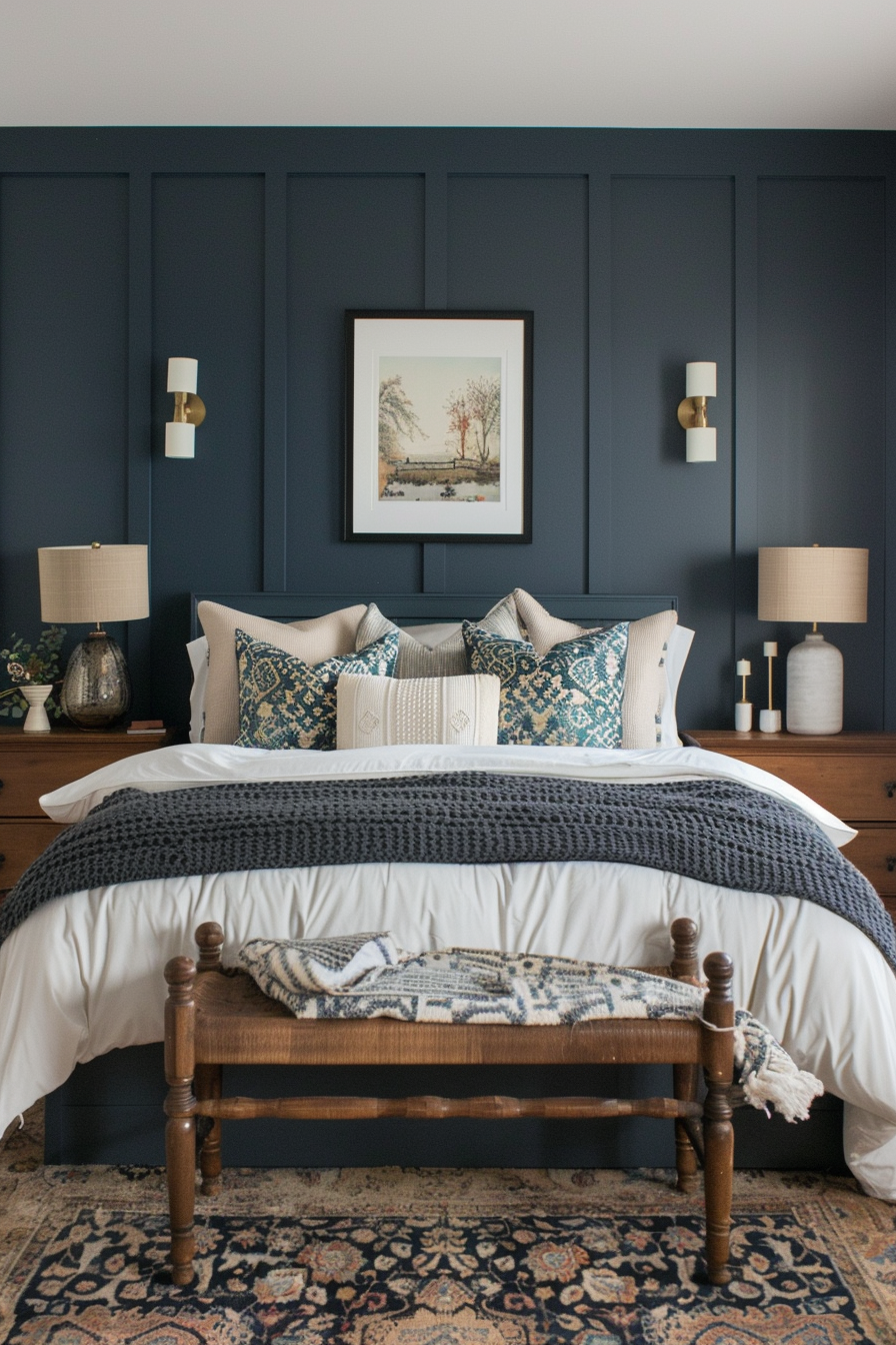 Navy blue board and batten walls in a cozy bedroom.