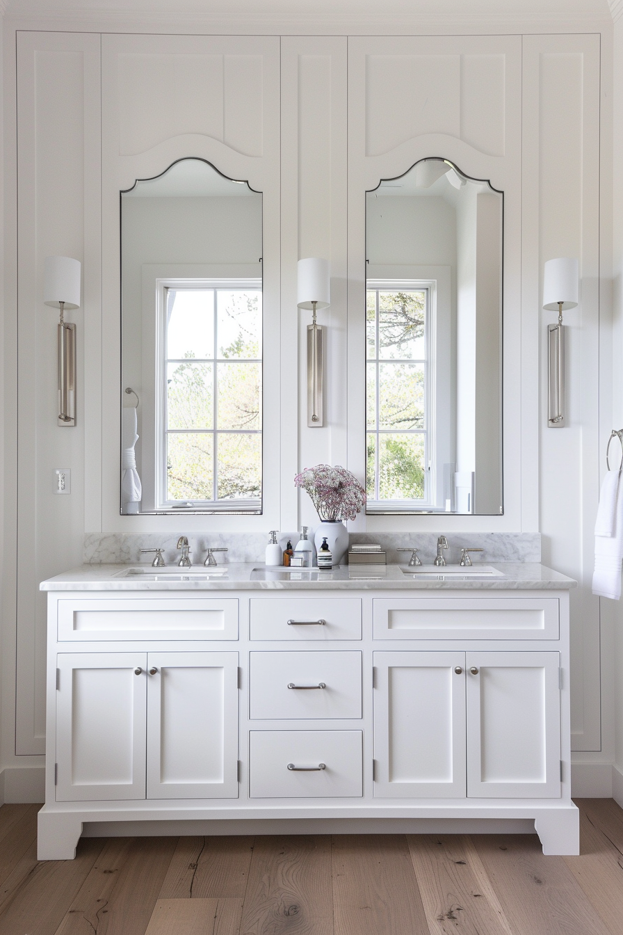 White board and batten walls around a luxurious bathroom vanity.