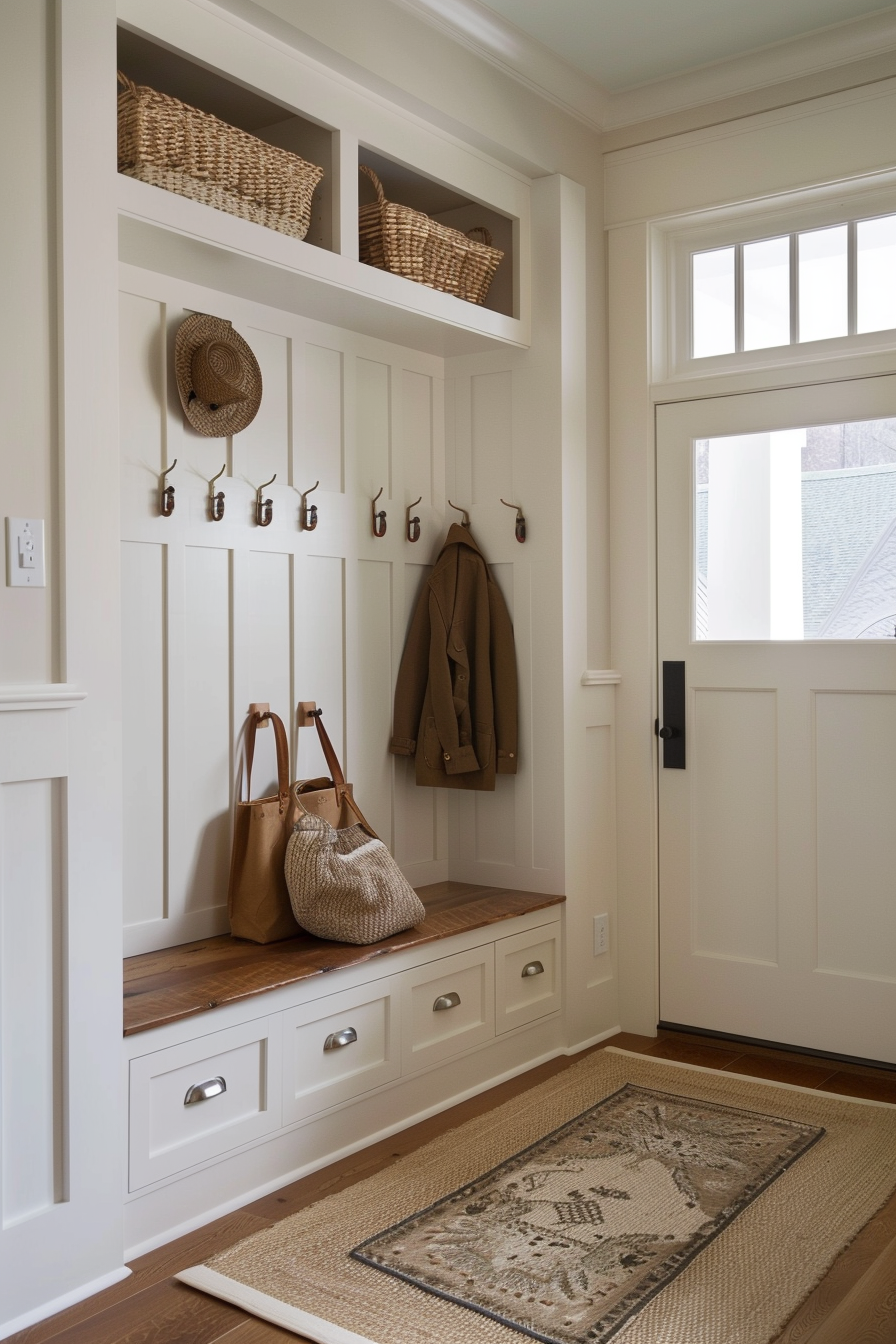 Board and batten walls with a built-in coat rack in an entryway.