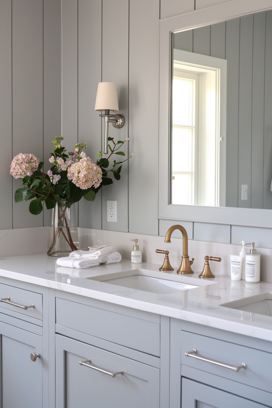 Pale gray board and batten walls in a chic bathroom vanity area.